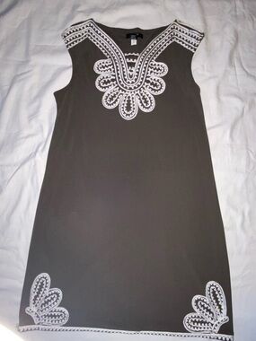 Alfani Olive Green Sleeveless Midi Dress with White Embroidered Trim